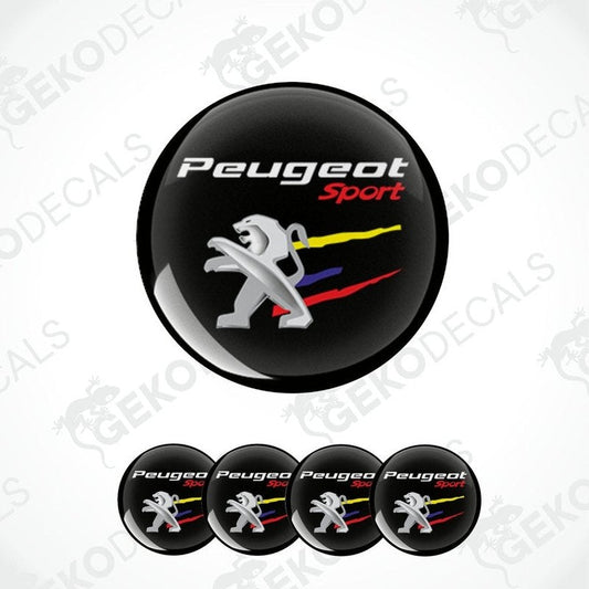A set of four black vinyl stickers with a Peugeot Sport logo and a graphic of a Peugeot car on a track.