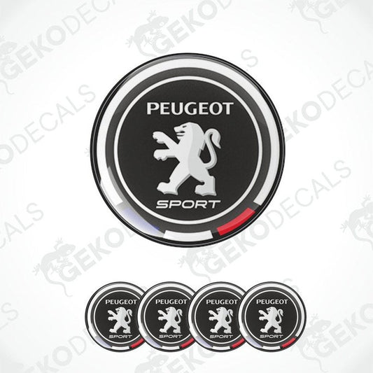 A set of four Peugeot Sport vinyl stickers with a black, white, red, and gray color scheme.