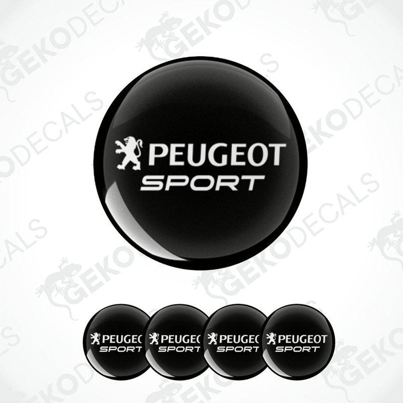 A set of four black vinyl decals with the PEUGEOT SPORT logo displayed prominently in the center.