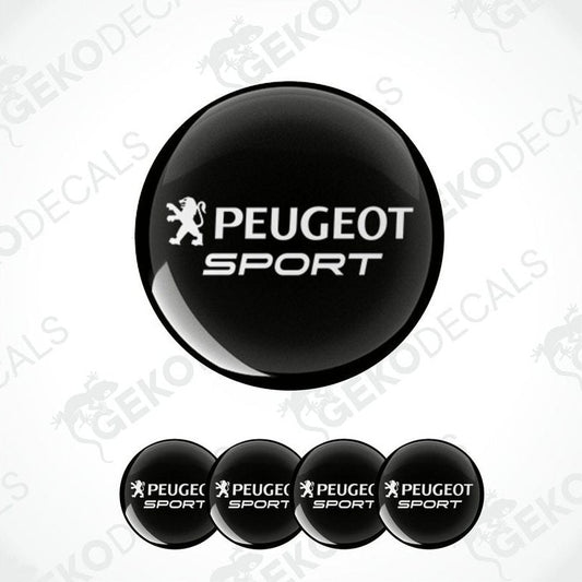A set of four black vinyl decals with the PEUGEOT SPORT logo displayed prominently in the center.
