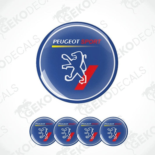 A set of four PEUGEOT SPORT branded vinyl decals with a blue background, red and white text, and a graphic of a car silhouette.