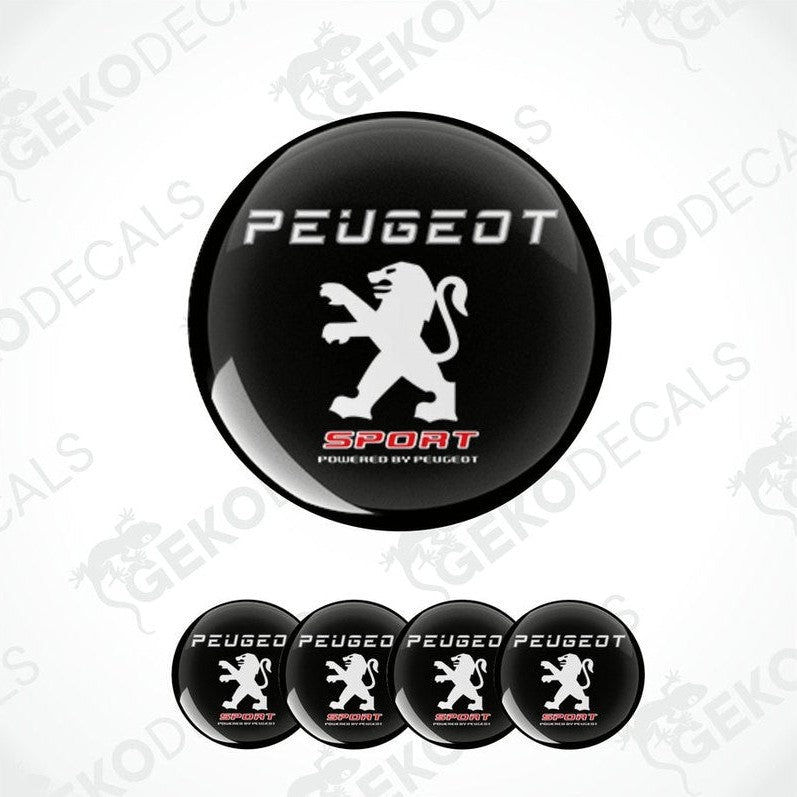 Set of four black vinyl decals with the PEUGEOT SPORT logo, designed for use as car wheel cap stickers.