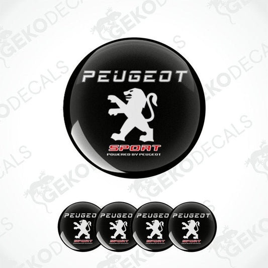 Set of four black vinyl decals with the PEUGEOT SPORT logo, designed for use as car wheel cap stickers.