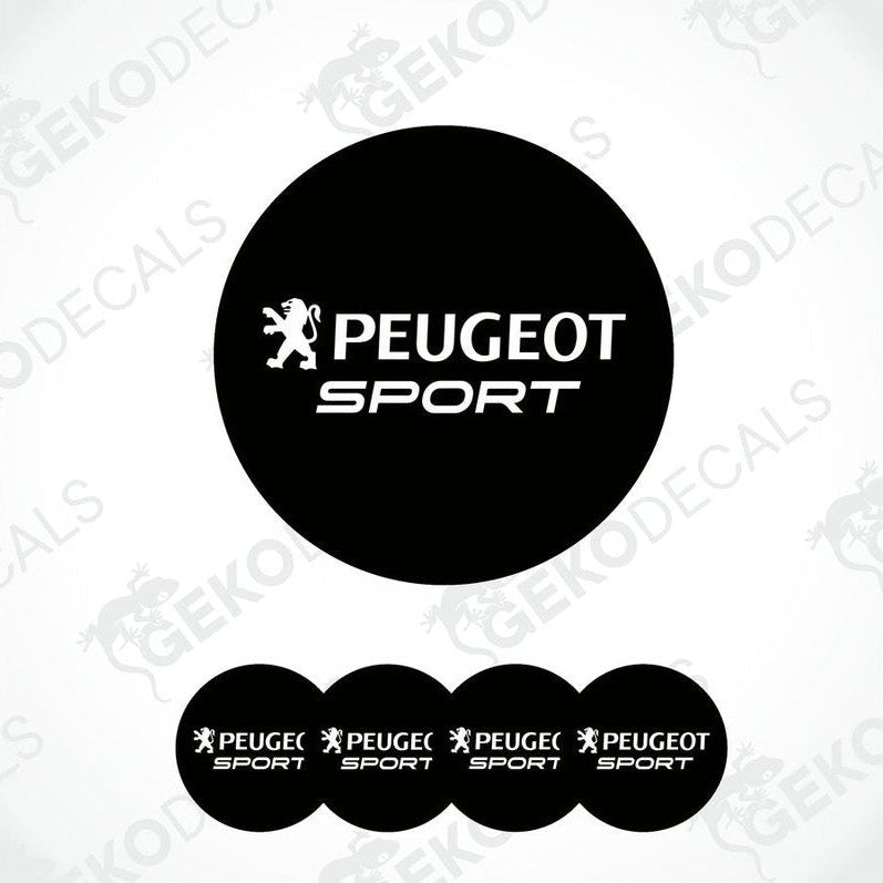 A set of four black vinyl decals with the PEUGEOT SPORT logo displayed prominently in the center.