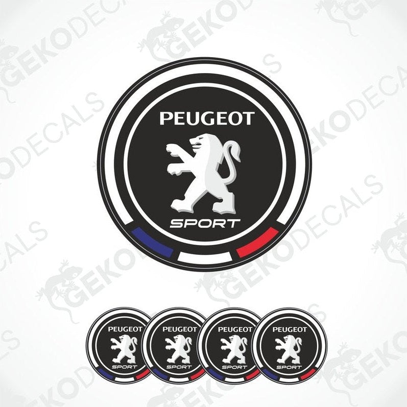 A set of four Peugeot Sport vinyl stickers with a black, white, red, and gray color scheme.