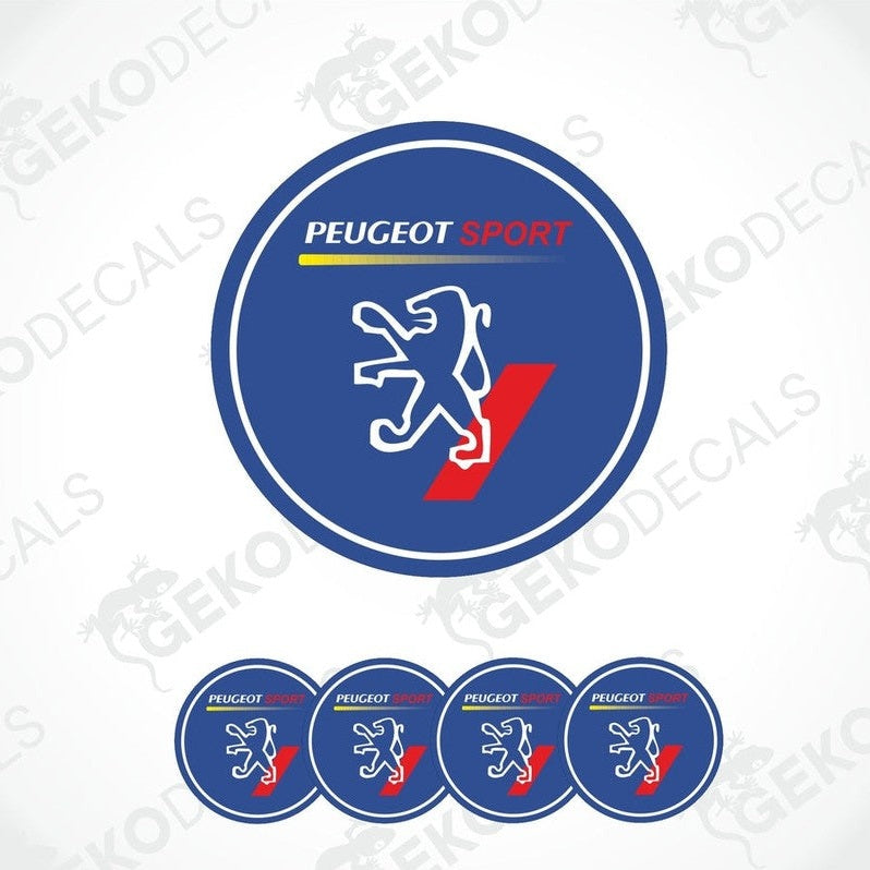 A set of four PEUGEOT SPORT branded vinyl decals with a blue background, red and white text, and a graphic of a car silhouette.
