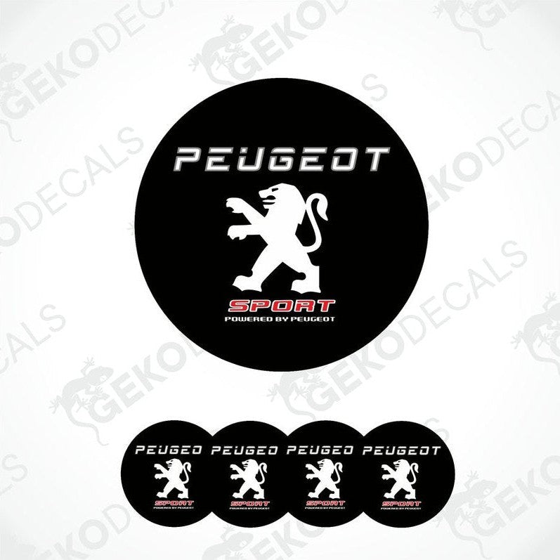 Set of four black vinyl decals with the PEUGEOT SPORT logo, designed for use as car wheel cap stickers.
