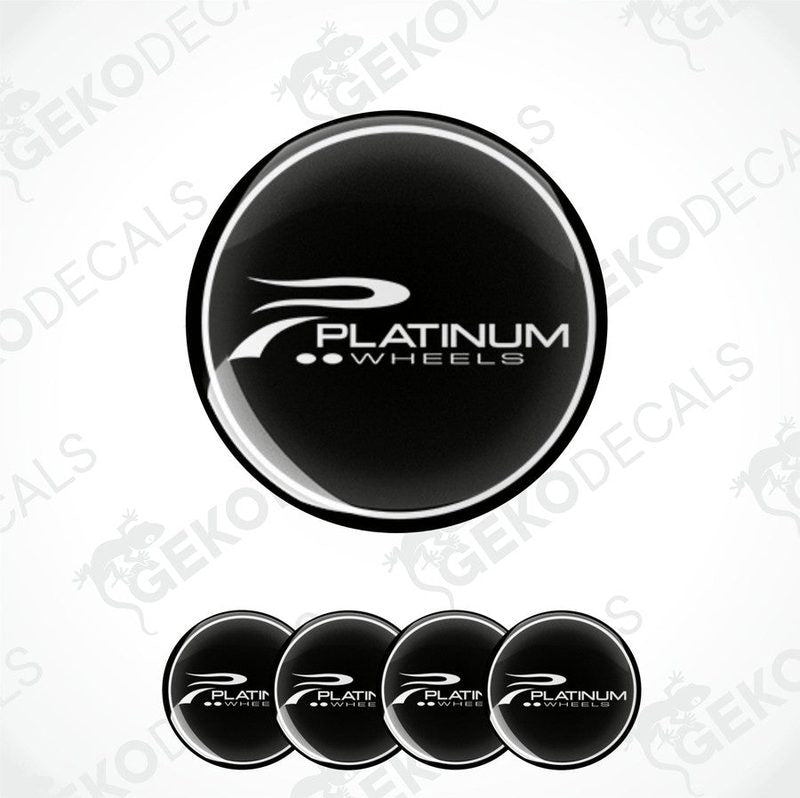 A set of four black vinyl decals with the text 'Platinum Wheels' on them, arranged in a square formation.