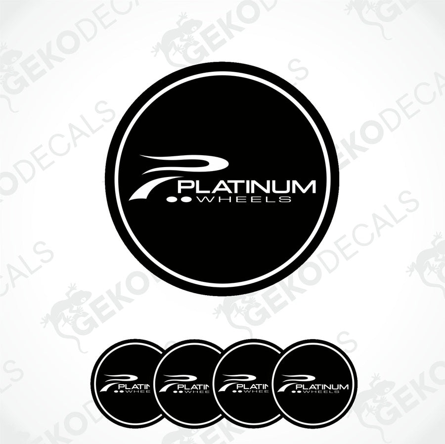 A set of four black vinyl decals with the text 'Platinum Wheels' on them, arranged in a square formation.