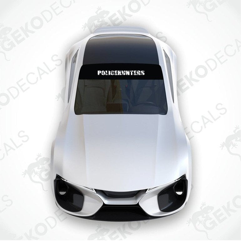 Black car windshield sun visor with white text POLICEHUNTERS