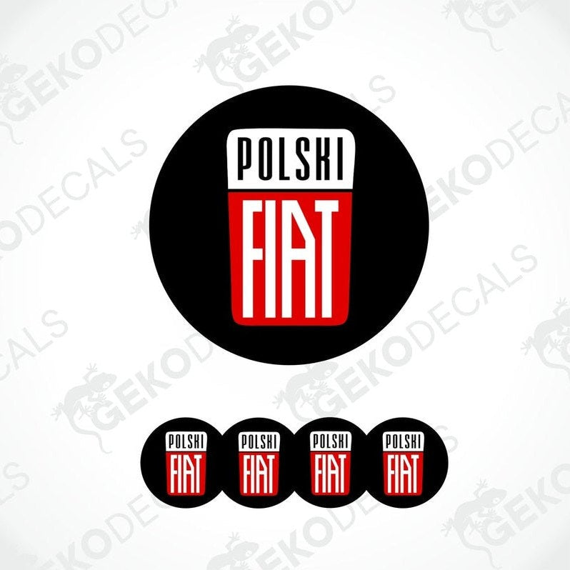A set of four black vinyl stickers with the text 'POLSKI FIAT' in red and white.