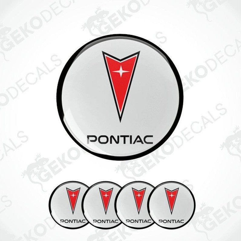 A set of four vinyl decals with a polyurethane coating featuring the PONTIAC logo, predominantly red and white in color.