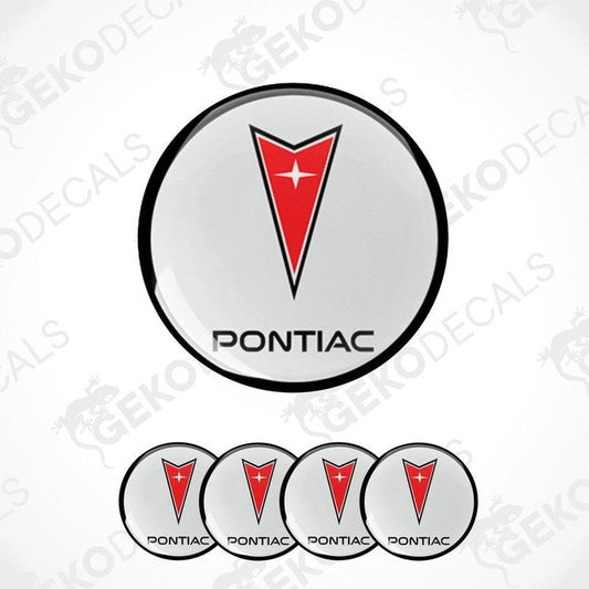 A set of four vinyl decals with a polyurethane coating featuring the PONTIAC logo, predominantly red and white in color.