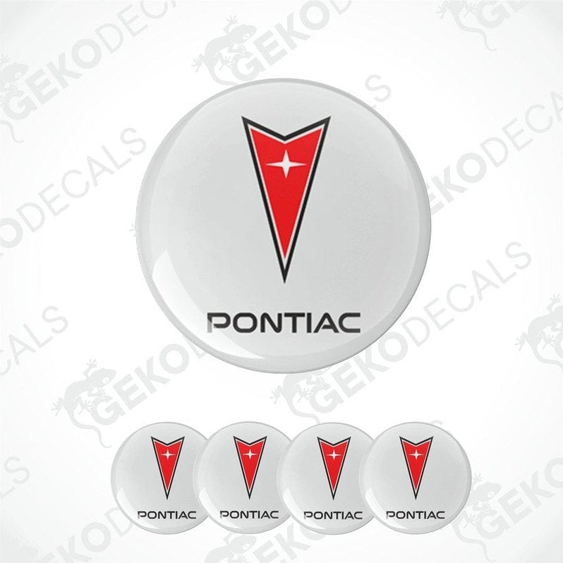 A set of four vinyl decals with polyurethane coating featuring the PONTIAC logo, predominantly red and white in color.
