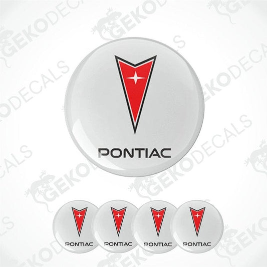 A set of four vinyl decals with polyurethane coating featuring the PONTIAC logo, predominantly red and white in color.