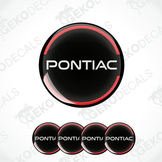 A set of four vinyl decals with polyurethane coating designed to look like PONTIAC wheel caps, predominantly black with red accents and white text.