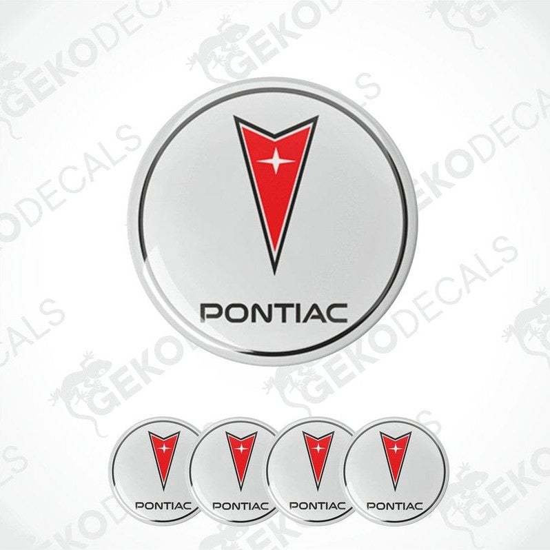 A set of four vinyl decals with polyurethane coating featuring the PONTIAC logo, predominantly red and white in color.