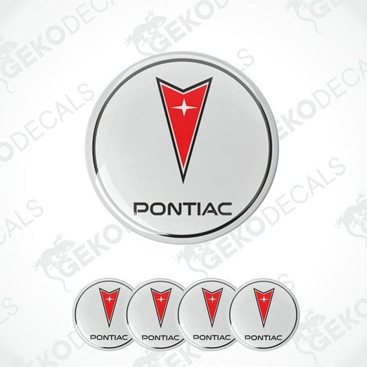 A set of four vinyl decals with polyurethane coating featuring the PONTIAC logo, predominantly red and white in color.