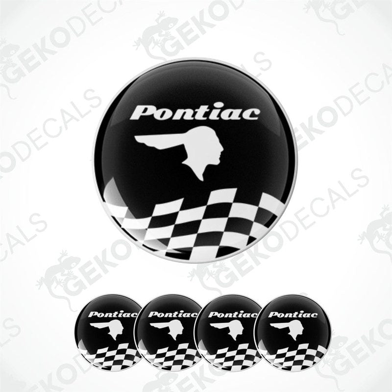 A set of four black vinyl stickers with the PONTIAC brand logo and a checkered pattern in the background.