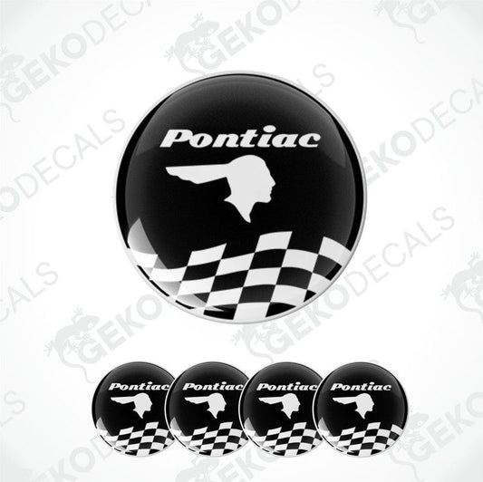 A set of four black vinyl stickers with the PONTIAC brand logo and a checkered pattern in the background.