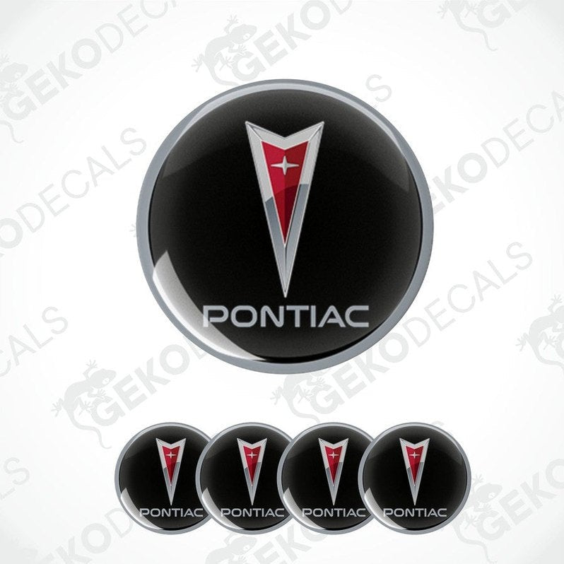 A set of four black vinyl stickers with the PONTIAC brand logo in the center.