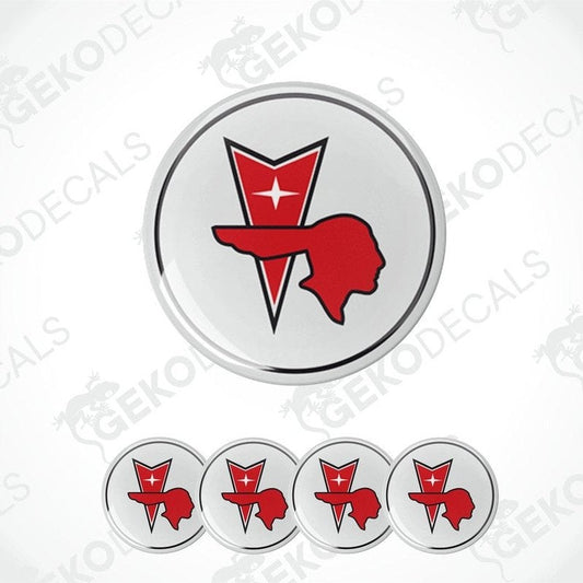A set of four vinyl decals with polyurethane coating featuring the PONTIAC logo, predominantly red and white in color.