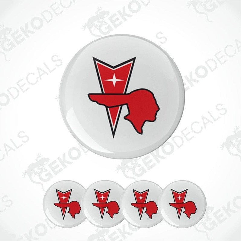 A set of four vinyl decals with polyurethane coating featuring the PONTIAC logo, predominantly red and white in color.
