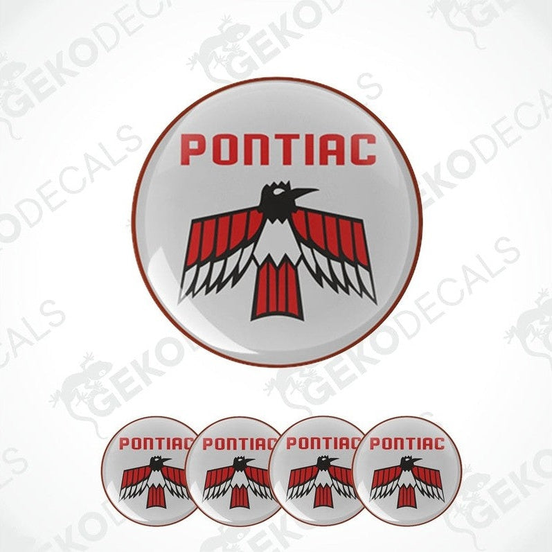 A set of four round vinyl stickers with a PONTIAC logo, predominantly featuring red and white colors, and a bird design.