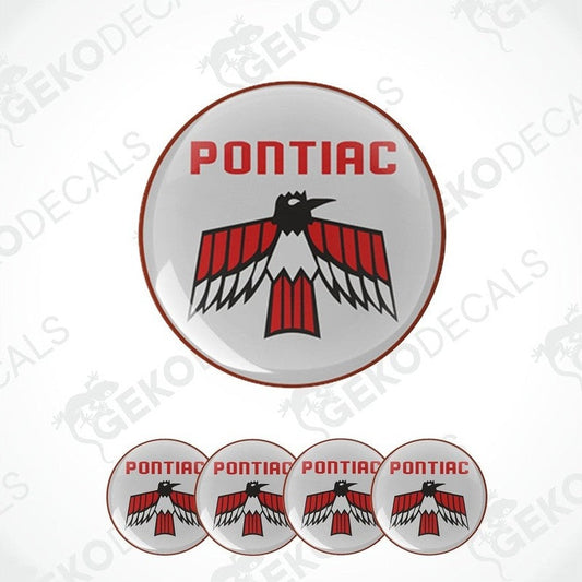 A set of four round vinyl stickers with a PONTIAC logo, predominantly featuring red and white colors, and a bird design.