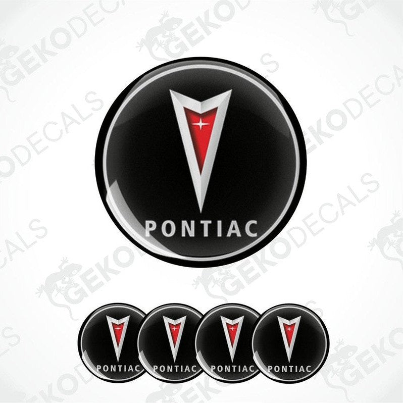 Set of four round vinyl decals with the PONTIAC logo in red and white on a black background