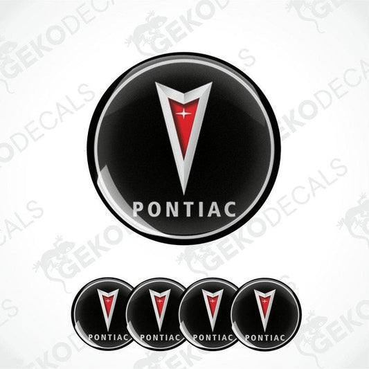 Set of four round vinyl decals with the PONTIAC logo in red and white on a black background