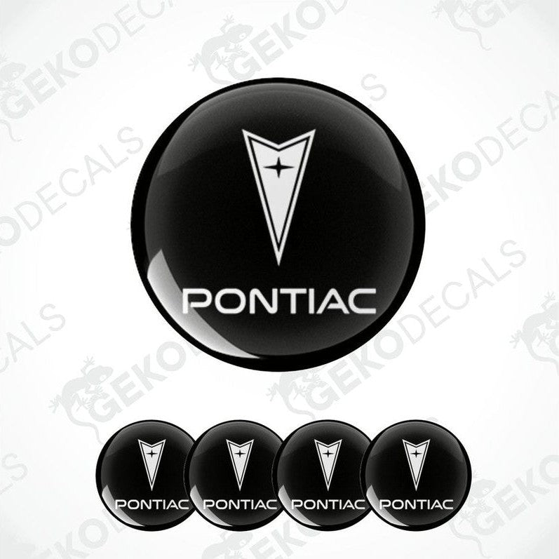 A set of four black vinyl stickers with the PONTIAC brand logo in the center.