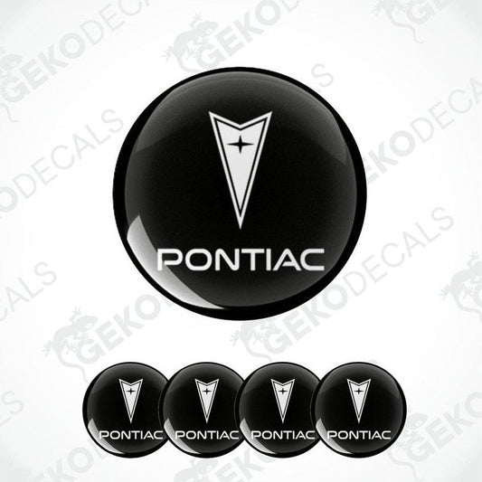 A set of four black vinyl stickers with the PONTIAC brand logo in the center.