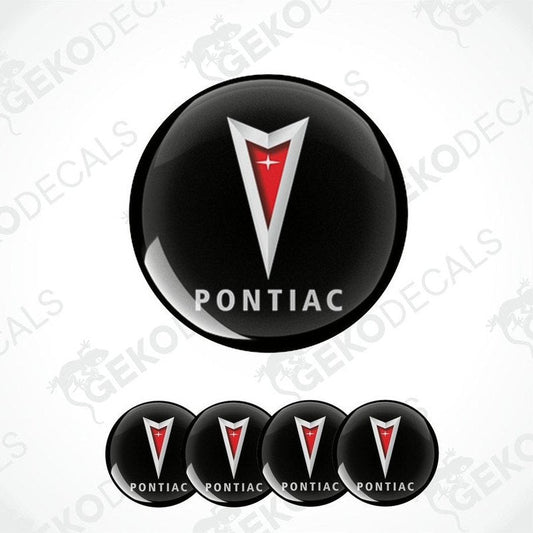 Set of four black, red, and white PONTIAC branded vinyl decals with a polyurethane coating.