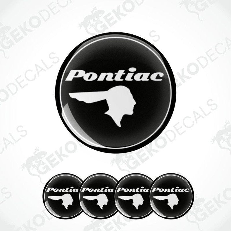 A set of four black vinyl stickers with the word 'PONTIAC' and a graphical representation of a car's wheel cap.