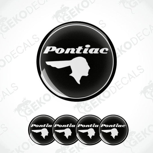 A set of four black vinyl stickers with the word 'PONTIAC' and a graphical representation of a car's wheel cap.