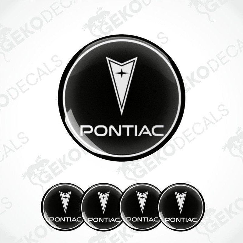 A set of four black vinyl stickers with the PONTIAC brand logo in the center.