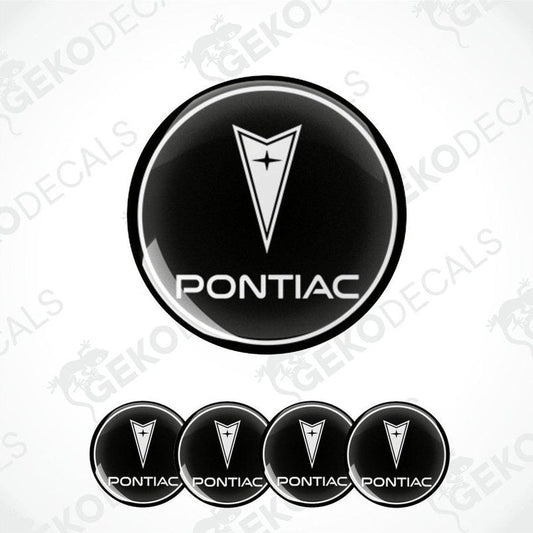 A set of four black vinyl stickers with the PONTIAC brand logo in the center.