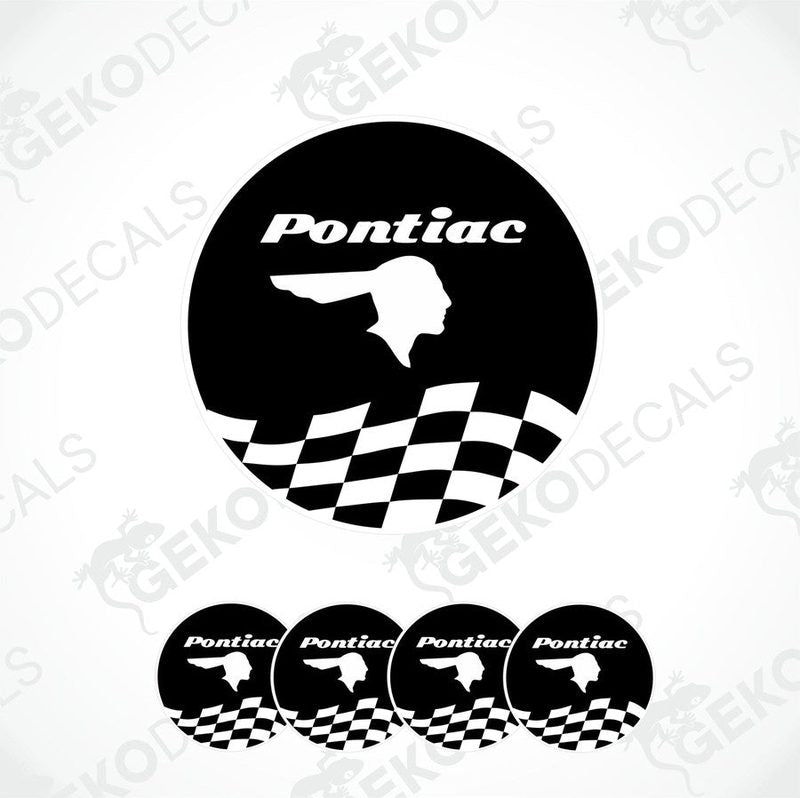 A set of four black vinyl stickers with the PONTIAC brand logo and a checkered pattern in the background.