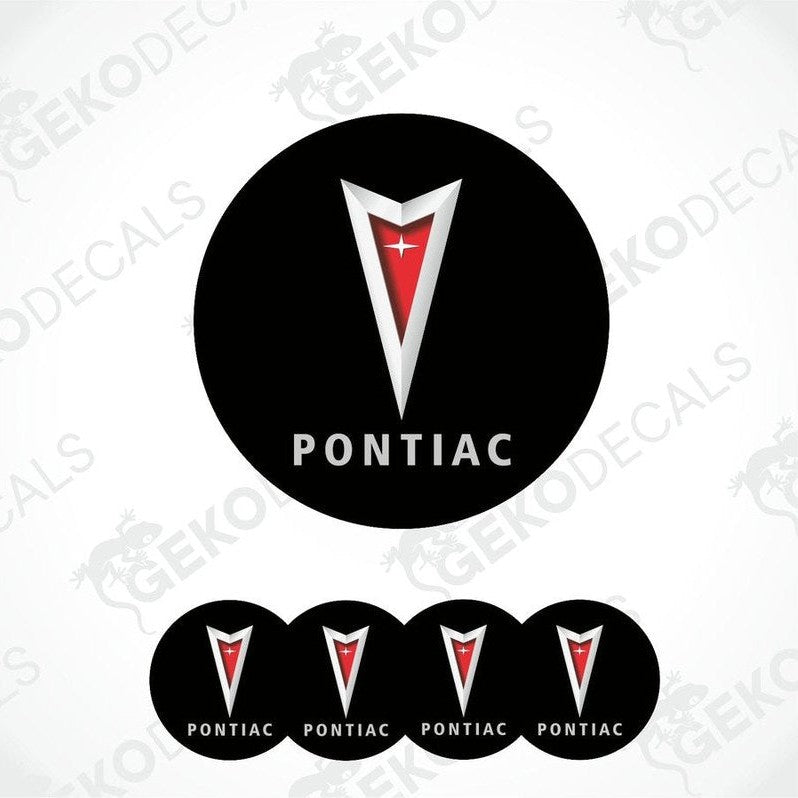 Set of four black, red, and white PONTIAC branded vinyl decals with a polyurethane coating.