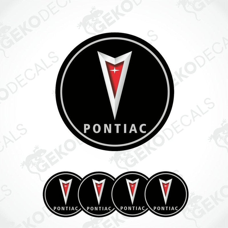 Set of four round vinyl decals with the PONTIAC logo in red and white on a black background