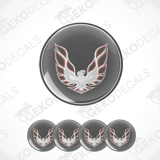 A set of four vinyl decals with a polyurethane coating featuring a white and red bird logo on a black background, designed for use on a PONTIAC FIREBIRD vehicle.