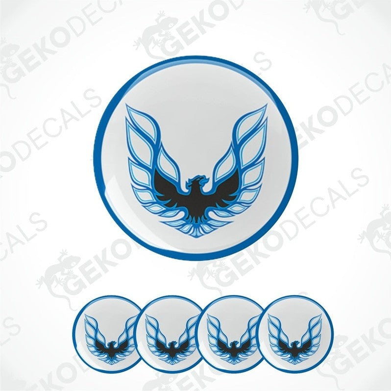 A set of epoxy round decals featuring a blue and black bird design on a white background, associated with the PONTIAC FIREBIRD.