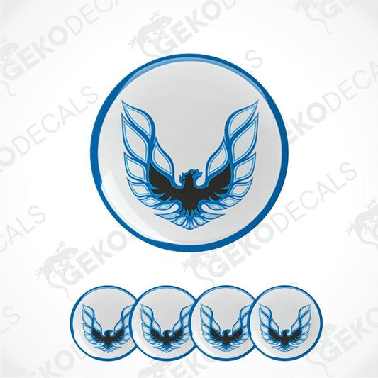 A set of epoxy round decals featuring a blue and black bird design on a white background, associated with the PONTIAC FIREBIRD.