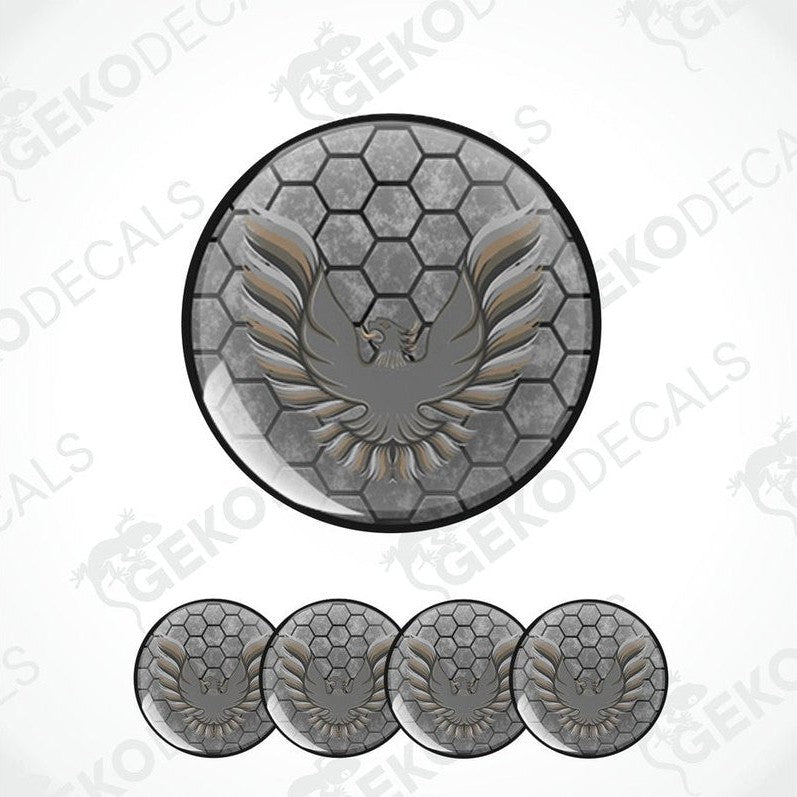 Set of four vinyl decals with a PONTIAC TRANS AM logo, featuring a grey color and a honeycomb pattern with a bird emblem in the center.