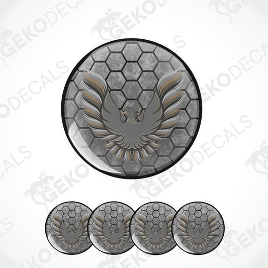 Set of four vinyl decals with a PONTIAC TRANS AM logo, featuring a grey color and a honeycomb pattern with a bird emblem in the center.