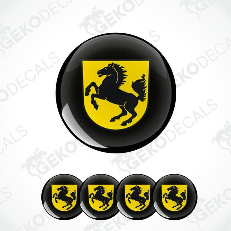 A set of four yellow and black vinyl stickers with a PORSCHE logo, designed for use as car decals.