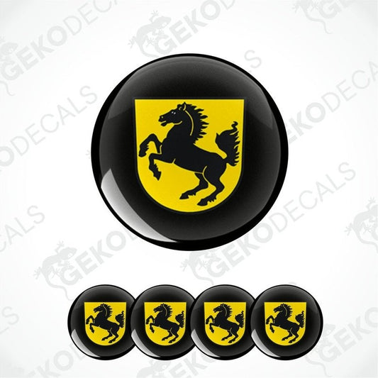 A set of four yellow and black vinyl stickers with a PORSCHE logo, designed for use as car decals.