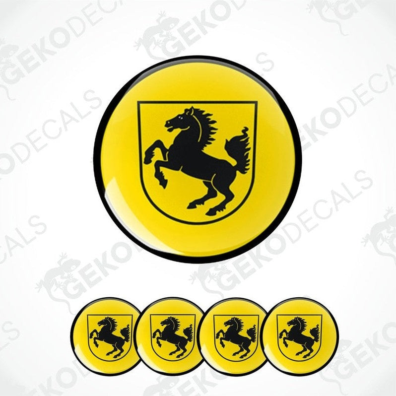 A set of four yellow vinyl decals with a black PORSCHE emblem, designed to be affixed to a vehicle's surface.