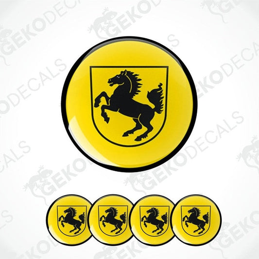 A set of four yellow vinyl decals with a black PORSCHE emblem, designed to be affixed to a vehicle's surface.